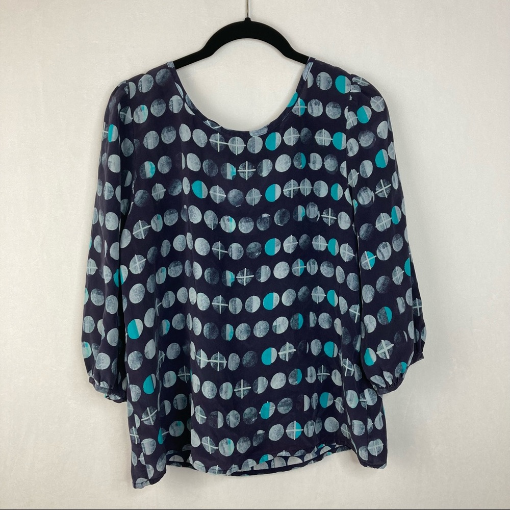 HD in Paris Anthropologie Woman's Blouse Silk Moon Phase Blue Cut Out Size Med